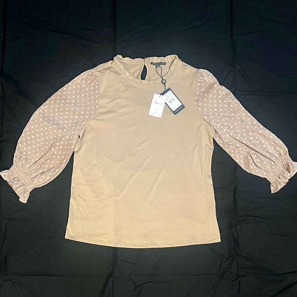 NWT - Adrianna Papell Women's Ruffle Neck Top with Dot Sleeve